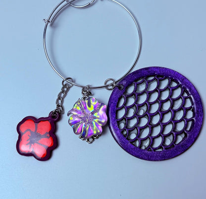 Purple Hibiscus Bag Charm Keychain: Mermaid Scale Acrylic Purse Accessory