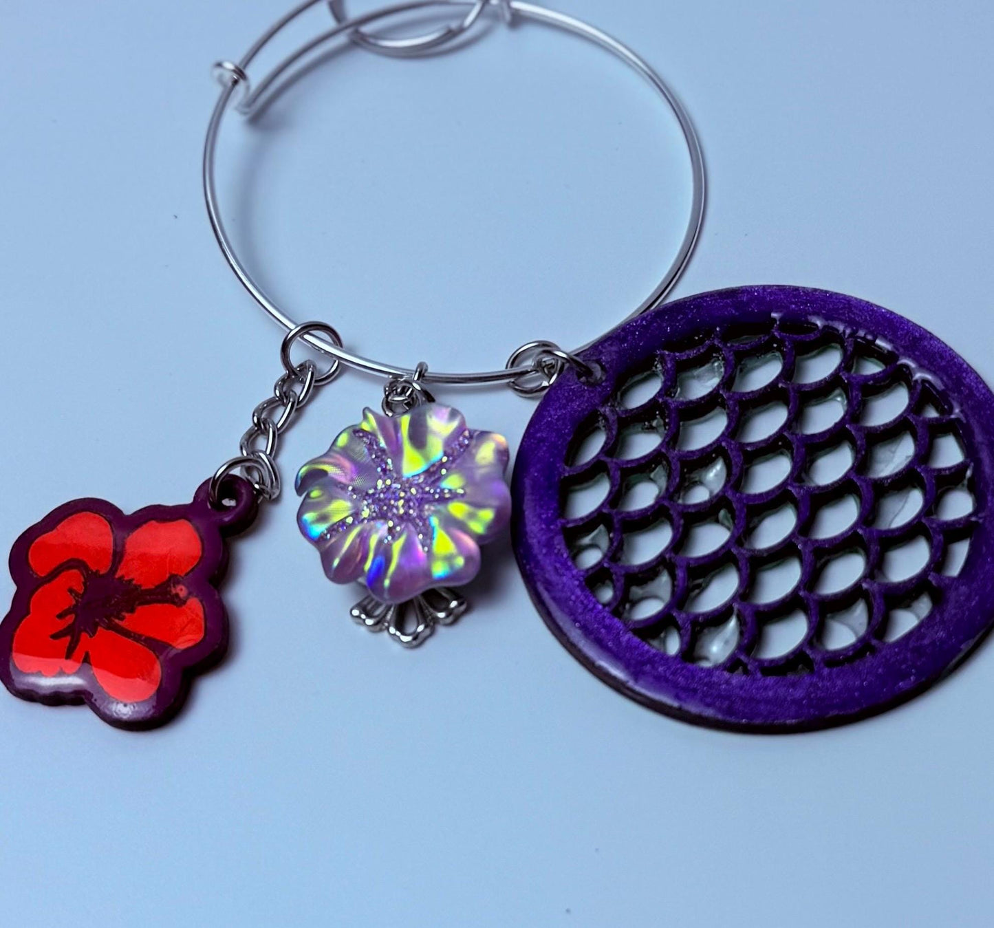 Purple Hibiscus Bag Charm Keychain: Mermaid Scale Acrylic Purse Accessory