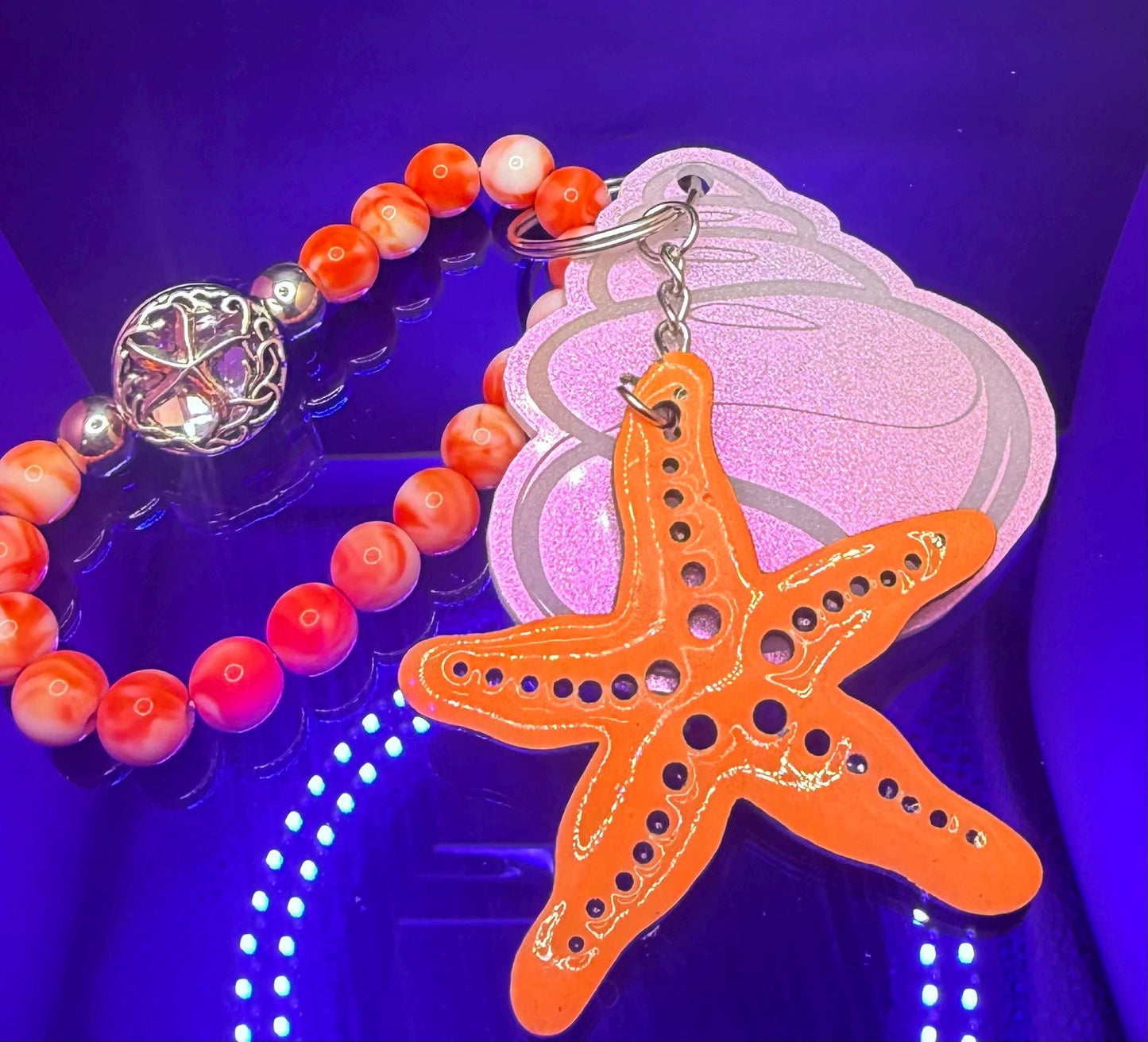 Starfish Seashell Bag Charm: Ocean Coral Beaded Keychain