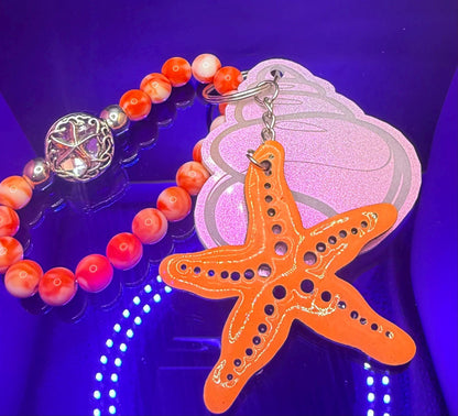 Starfish Seashell Bag Charm: Ocean Coral Beaded Keychain