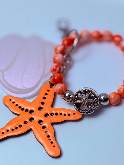 Starfish Seashell Bag Charm: Ocean Coral Beaded Keychain