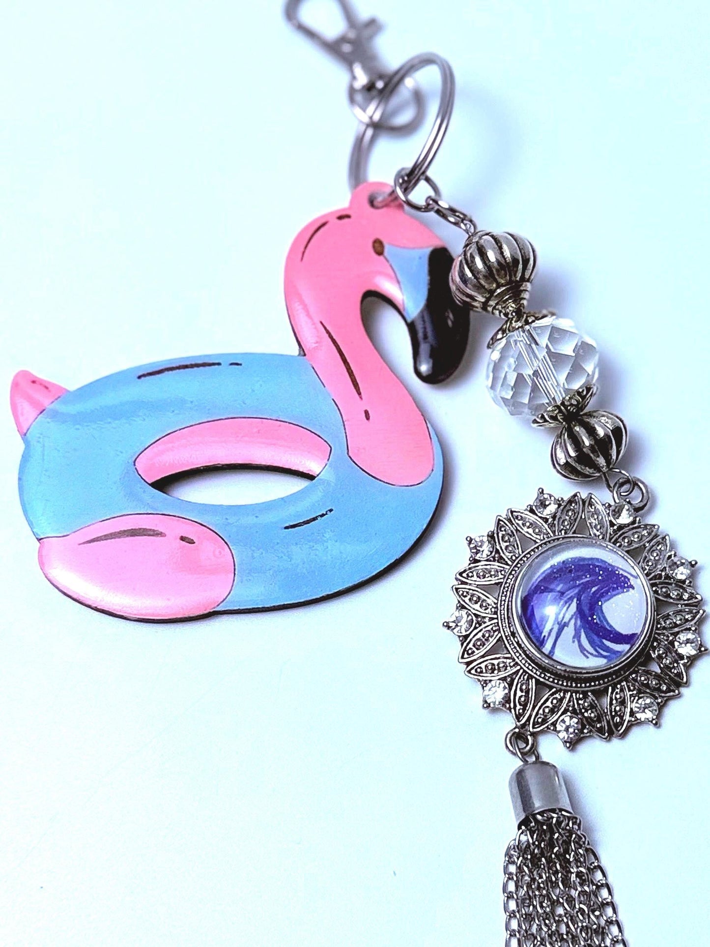 Flamingo Float Keychain: Acrylic Bag Charm with Crystal Tassel