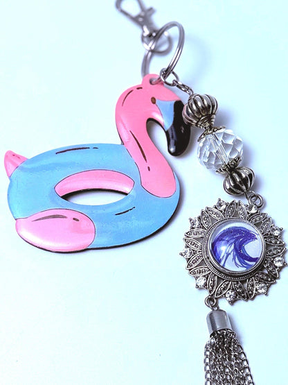 Flamingo Float Keychain: Acrylic Bag Charm with Crystal Tassel