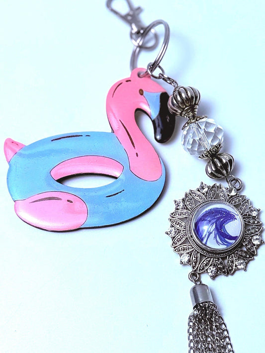 Flamingo Float Keychain: Acrylic Bag Charm with Crystal Tassel