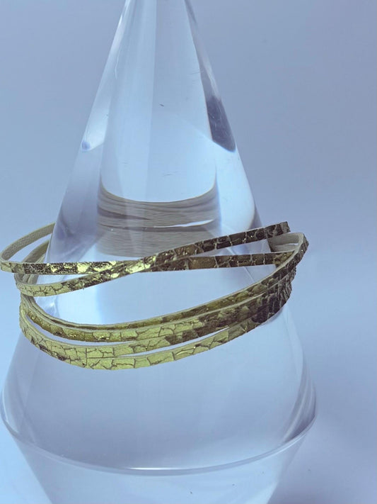 Gold Crackle Leather Wrap Bracelet: Metallic Boho Chic Cuff