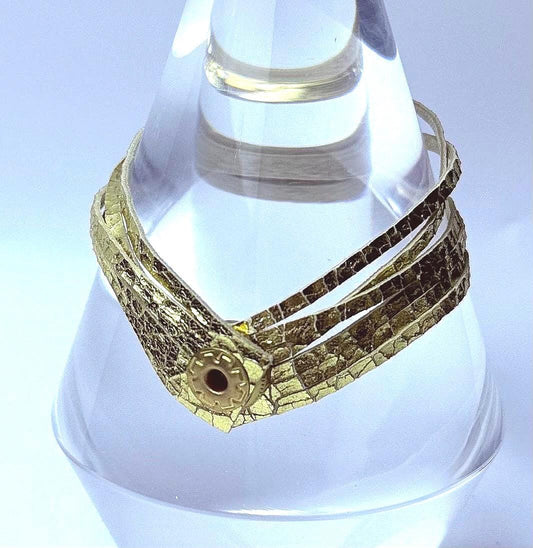 Gold Crackle Leather Wrap Bracelet: Metallic Boho Chic Cuff