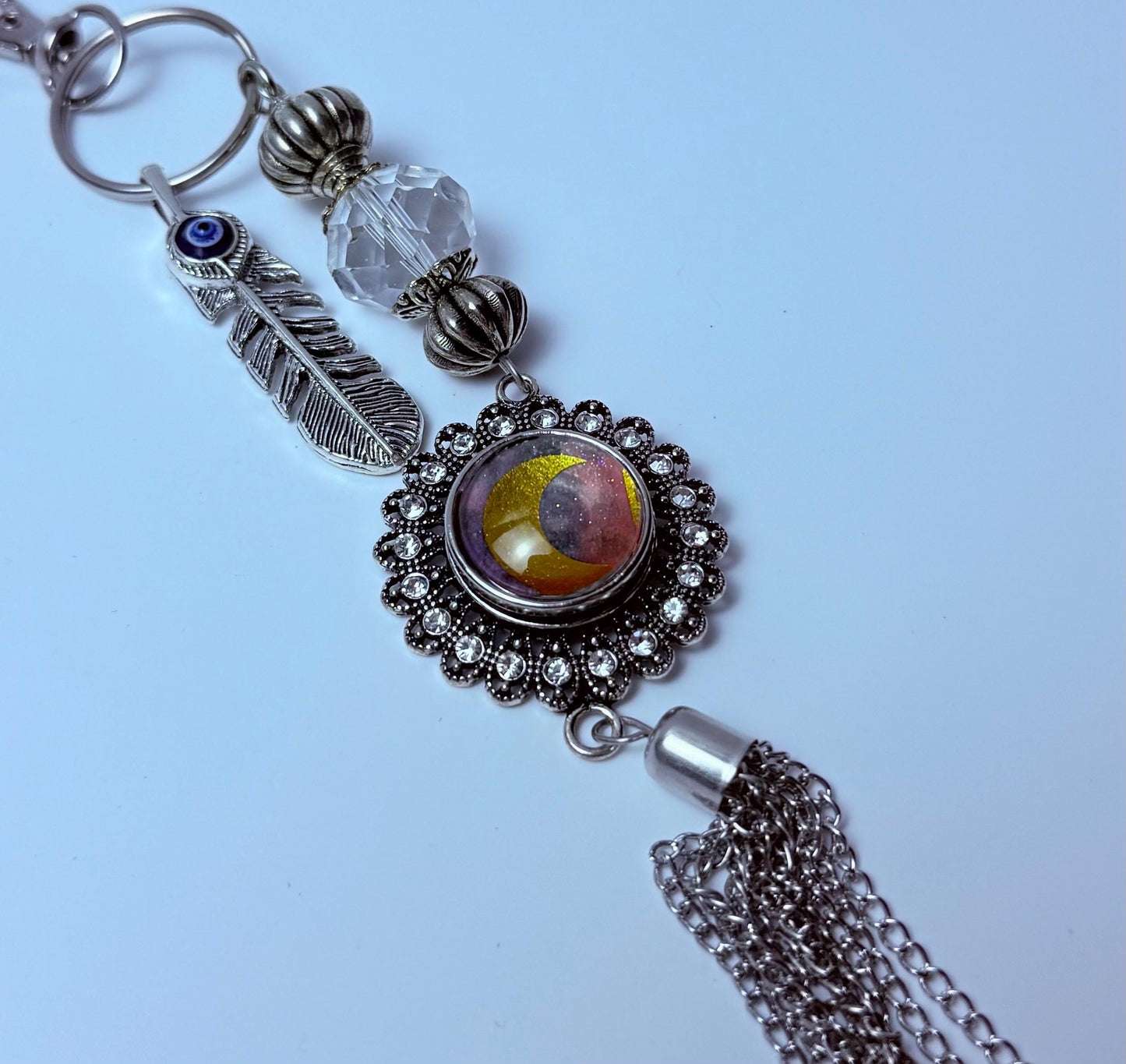 Boho Evil Eye Bag Charm: Mood Stone, Feather & Crystal Tassel
