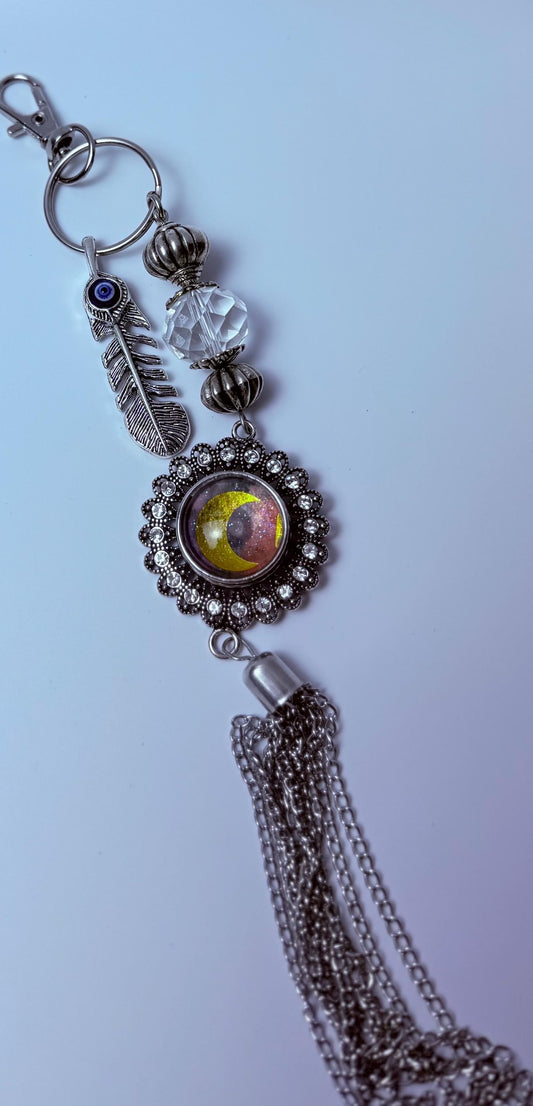 Boho Evil Eye Bag Charm: Mood Stone, Feather & Crystal Tassel