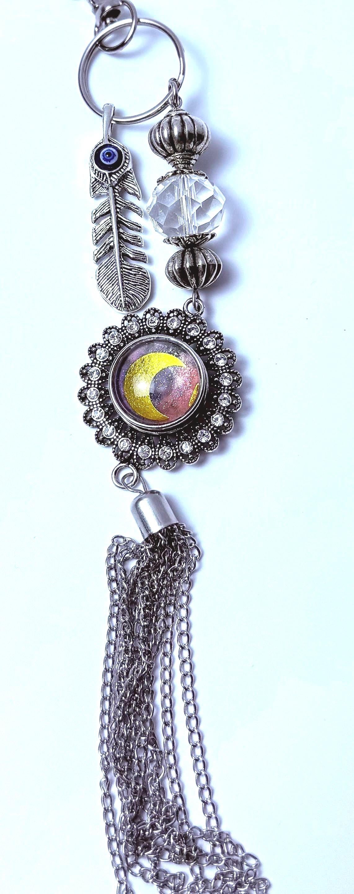 Boho Evil Eye Bag Charm: Mood Stone, Feather & Crystal Tassel