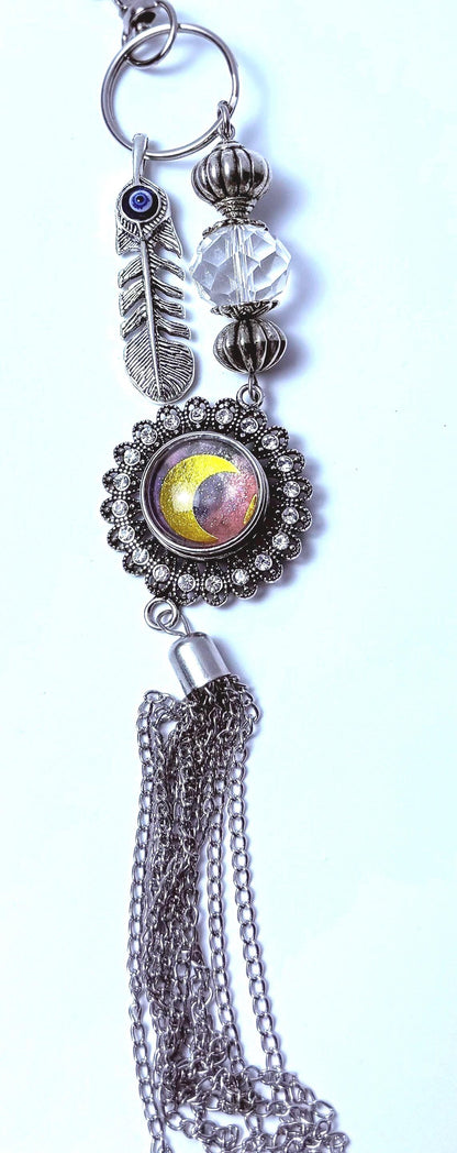 Boho Evil Eye Bag Charm: Mood Stone, Feather & Crystal Tassel