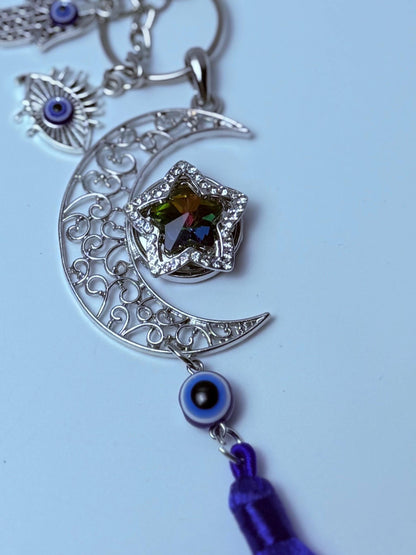 Moon & Evil Eye Bag Charm: Hamsa Hand Crescent Keychain