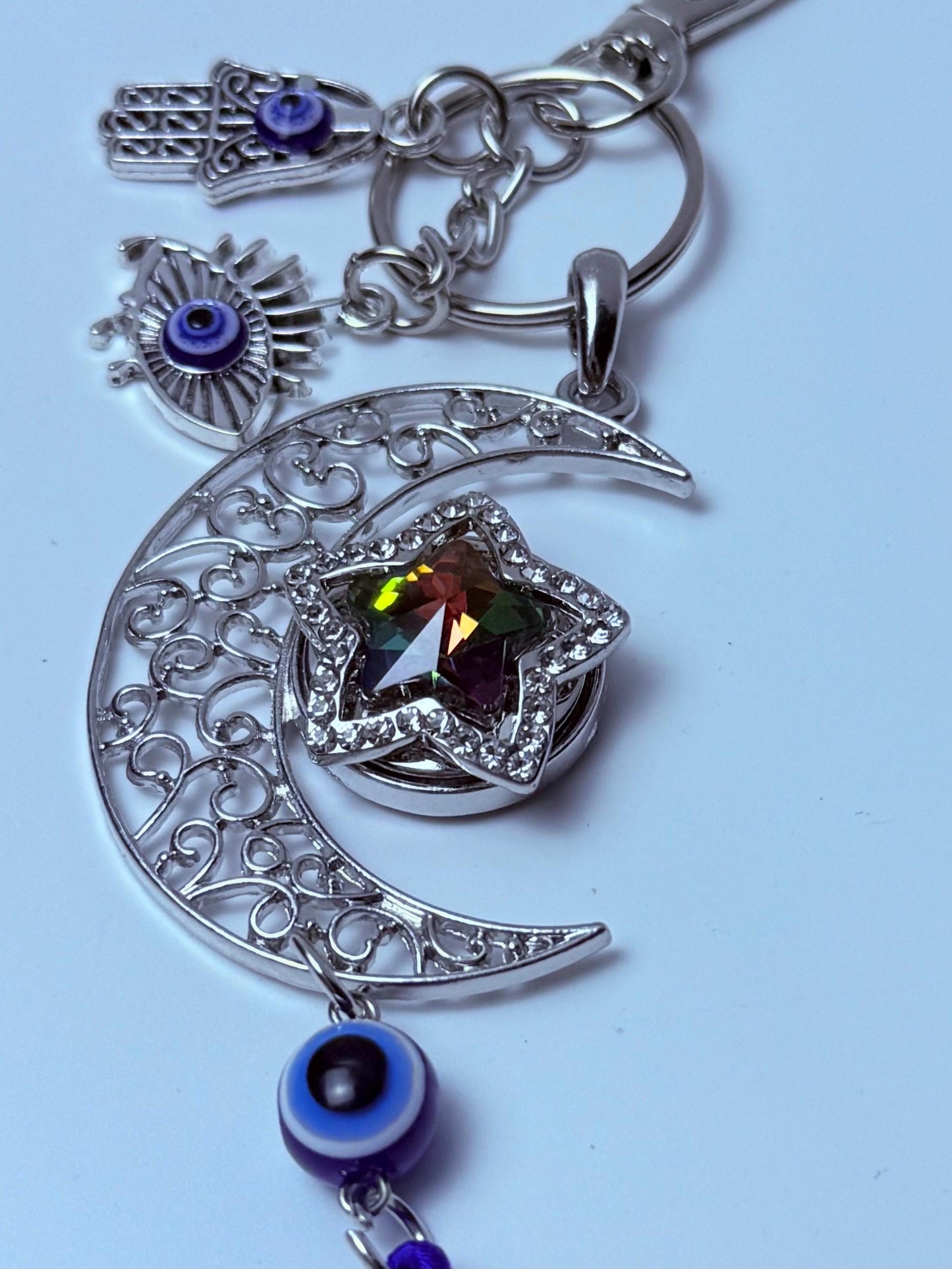 Moon & Evil Eye Bag Charm: Hamsa Hand Crescent Keychain