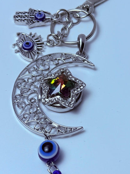 Moon & Evil Eye Bag Charm: Hamsa Hand Crescent Keychain