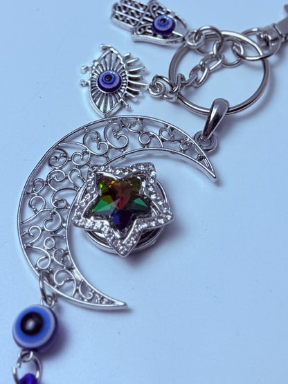 Moon & Evil Eye Bag Charm: Hamsa Hand Crescent Keychain