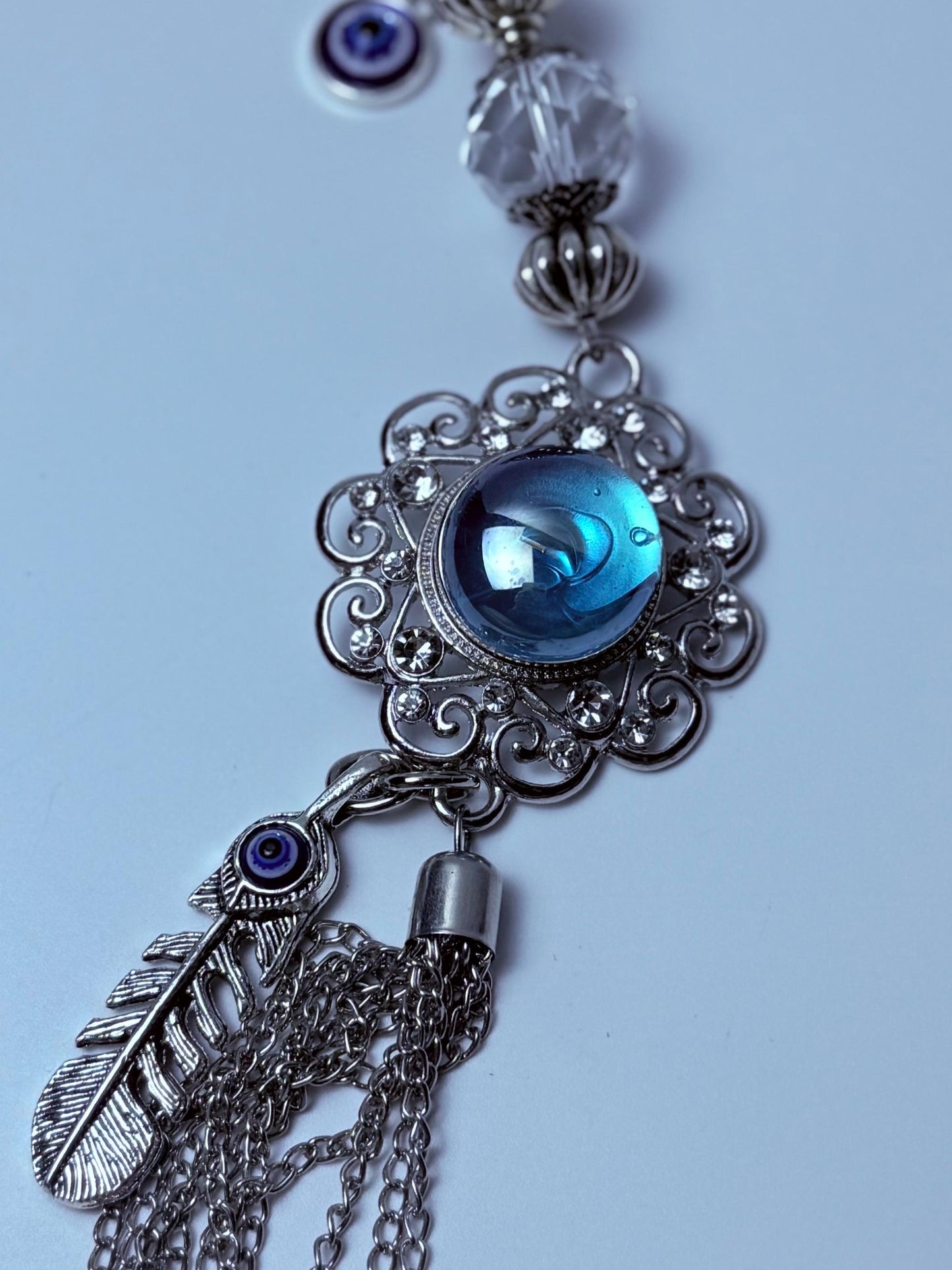 Blue Gemstone Evil Eye Bag Charm: Boho Silver Tassel, Feather & Crystal