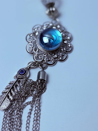 Blue Gemstone Evil Eye Bag Charm: Boho Silver Tassel, Feather & Crystal