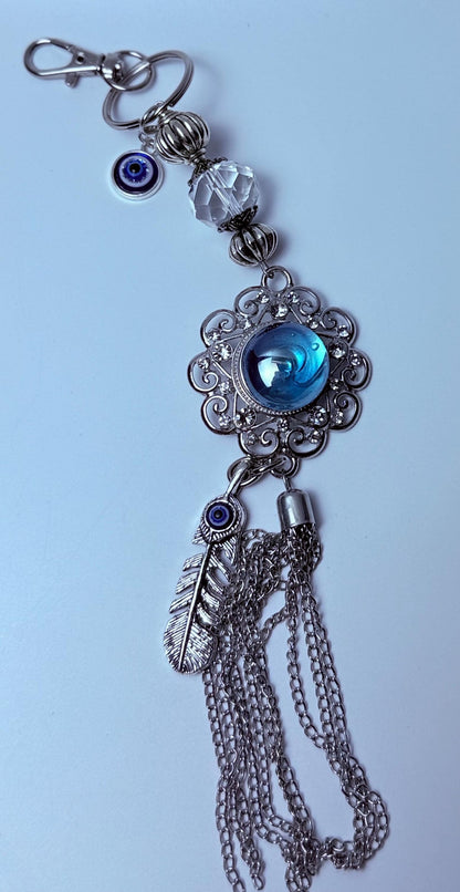 Blue Gemstone Evil Eye Bag Charm: Boho Silver Tassel, Feather & Crystal