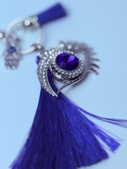 Blue Crystal Evil Eye Bag Charm: Rhinestone Hamsa Hand Tassel Keychain