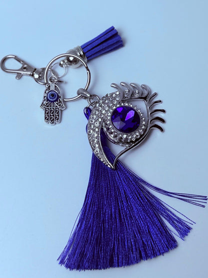 Blue Crystal Evil Eye Bag Charm: Rhinestone Hamsa Hand Tassel Keychain