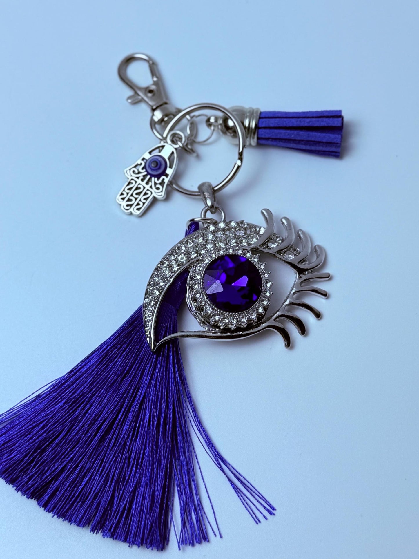 Blue Crystal Evil Eye Bag Charm: Rhinestone Hamsa Hand Tassel Keychain