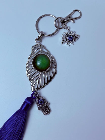 Moonstone Evil Eye Bag Charm: Rhinestone Hamsa Hand Tassel Keychain