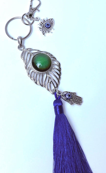 Moonstone Evil Eye Bag Charm: Rhinestone Hamsa Hand Tassel Keychain