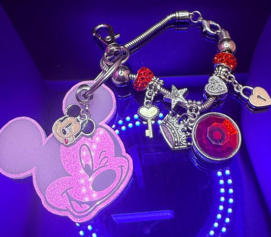 Pink Iridescent Mickey Keychain  Winking Mickey Face Engraved Acrylic Charm with Dangling Enamel Mickey, Disney-Inspired Bag Charm