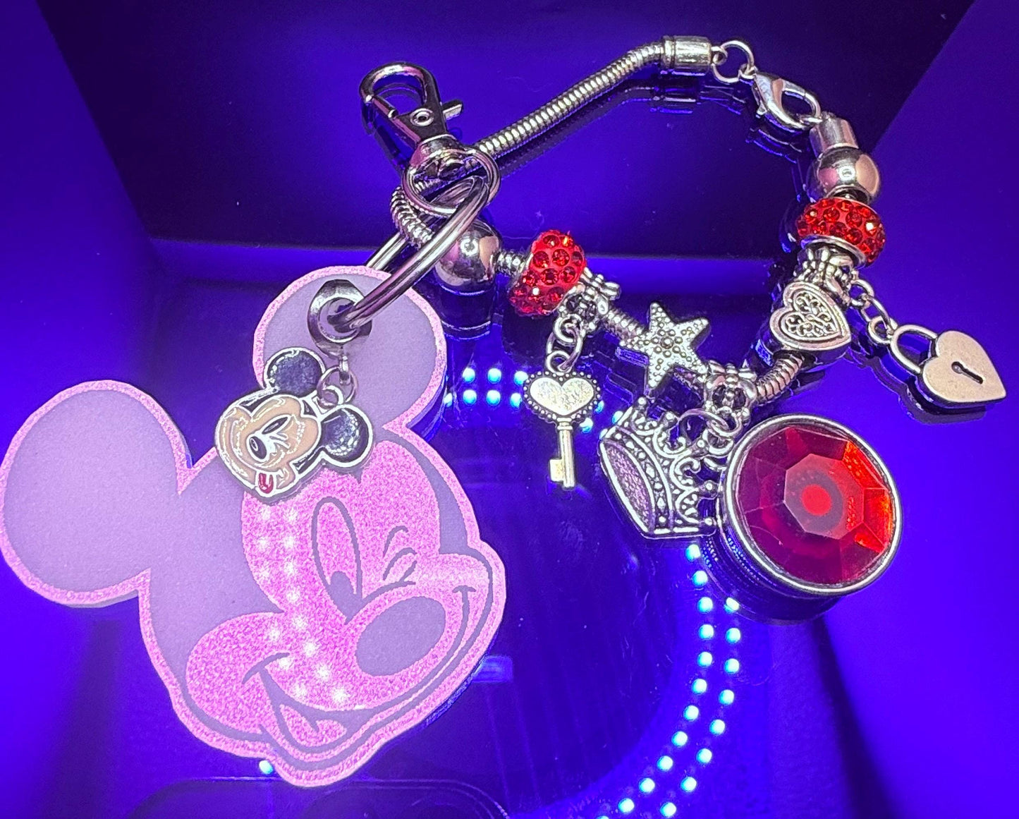 Pink Iridescent Mickey Keychain  Winking Mickey Face Engraved Acrylic Charm with Dangling Enamel Mickey, Disney-Inspired Bag Charm