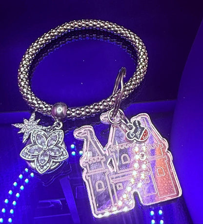 Rose Gold Castle Keychain  Disney-Inspired Engraved Acrylic Charm with Mickey Head Accent, Mirrored Bag Charm