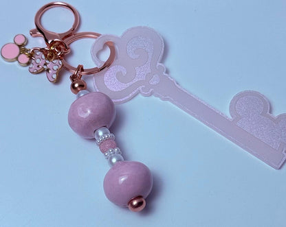 Disney Inspired Key Pink Glitter Key Bag Charm  Acrylic Purse Charm with Pearl and Bead Accents