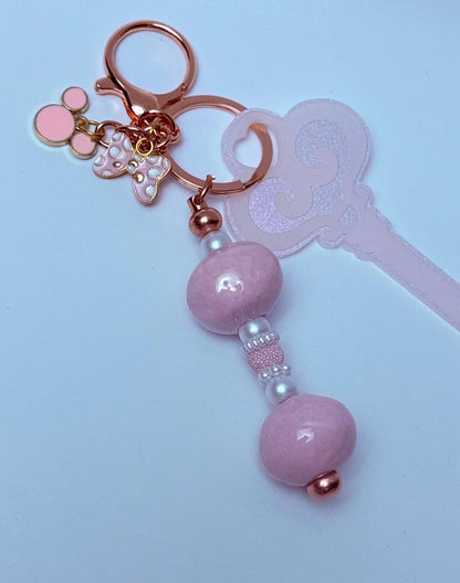 Disney Inspired Key Pink Glitter Key Bag Charm  Acrylic Purse Charm with Pearl and Bead Accents