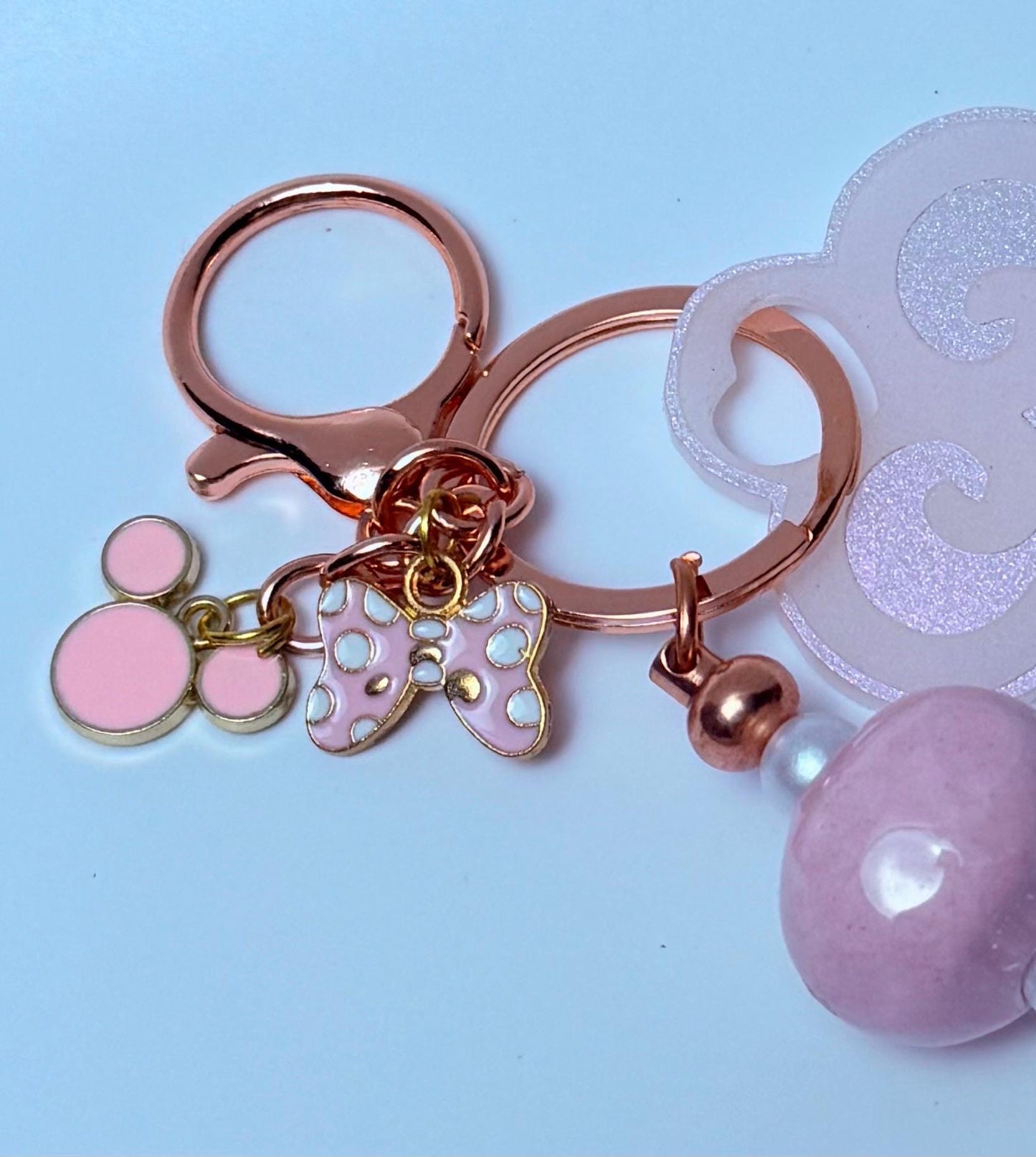 Disney Inspired Key Pink Glitter Key Bag Charm  Acrylic Purse Charm with Pearl and Bead Accents