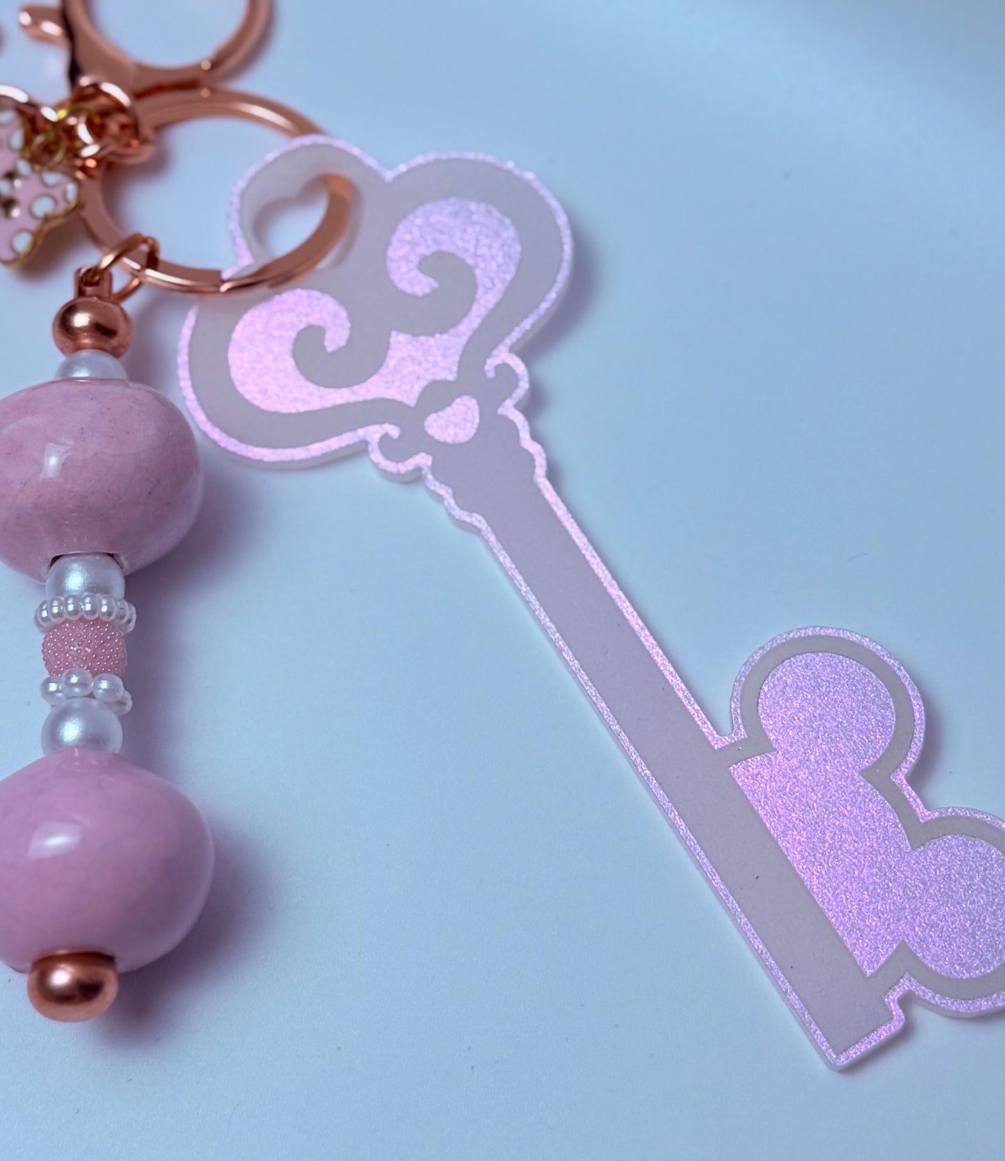 Disney Inspired Key Pink Glitter Key Bag Charm  Acrylic Purse Charm with Pearl and Bead Accents
