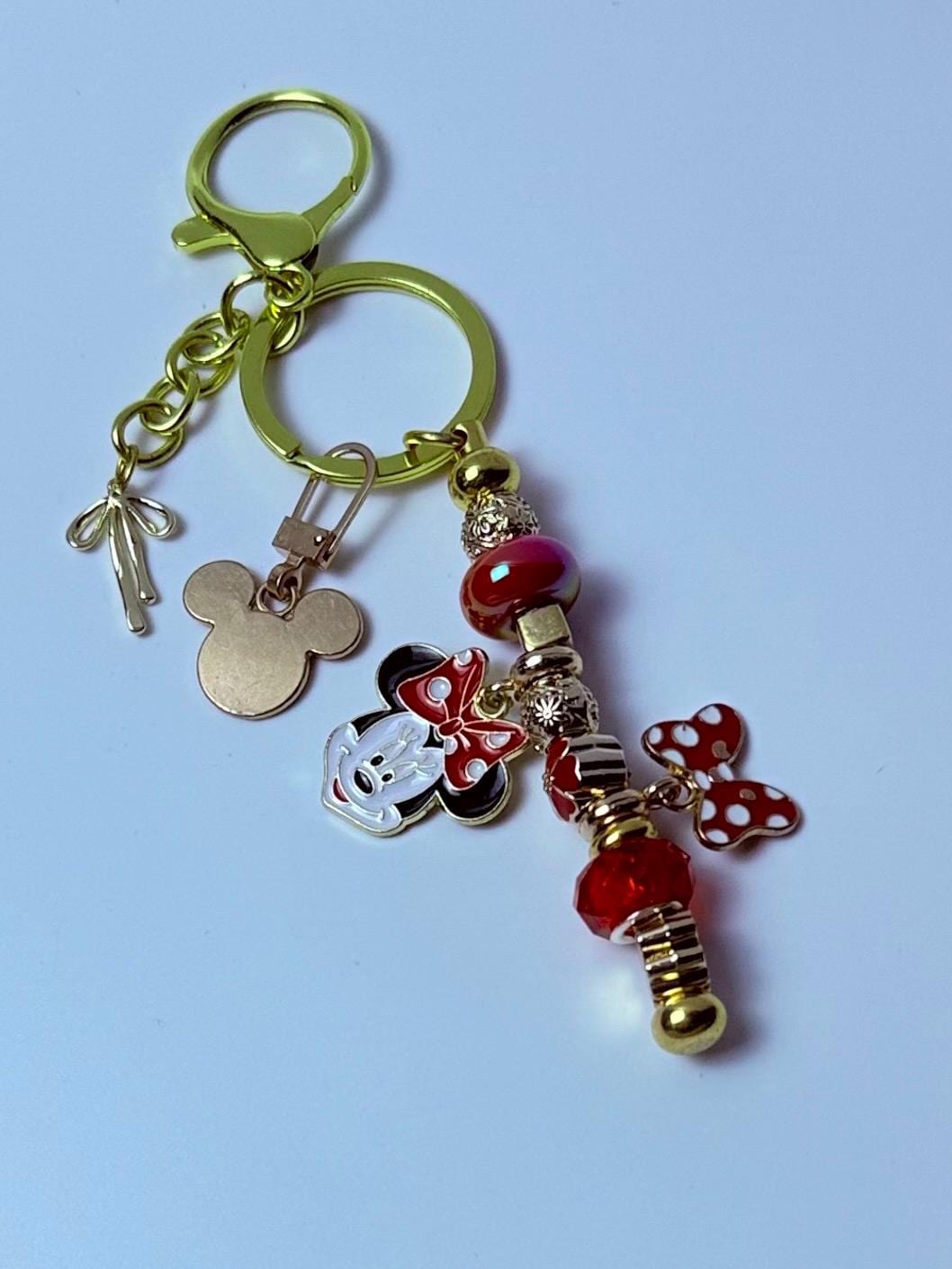 Gold Minnie Mouse Keychain: Red Polka Dot Bow, Crystal Beads