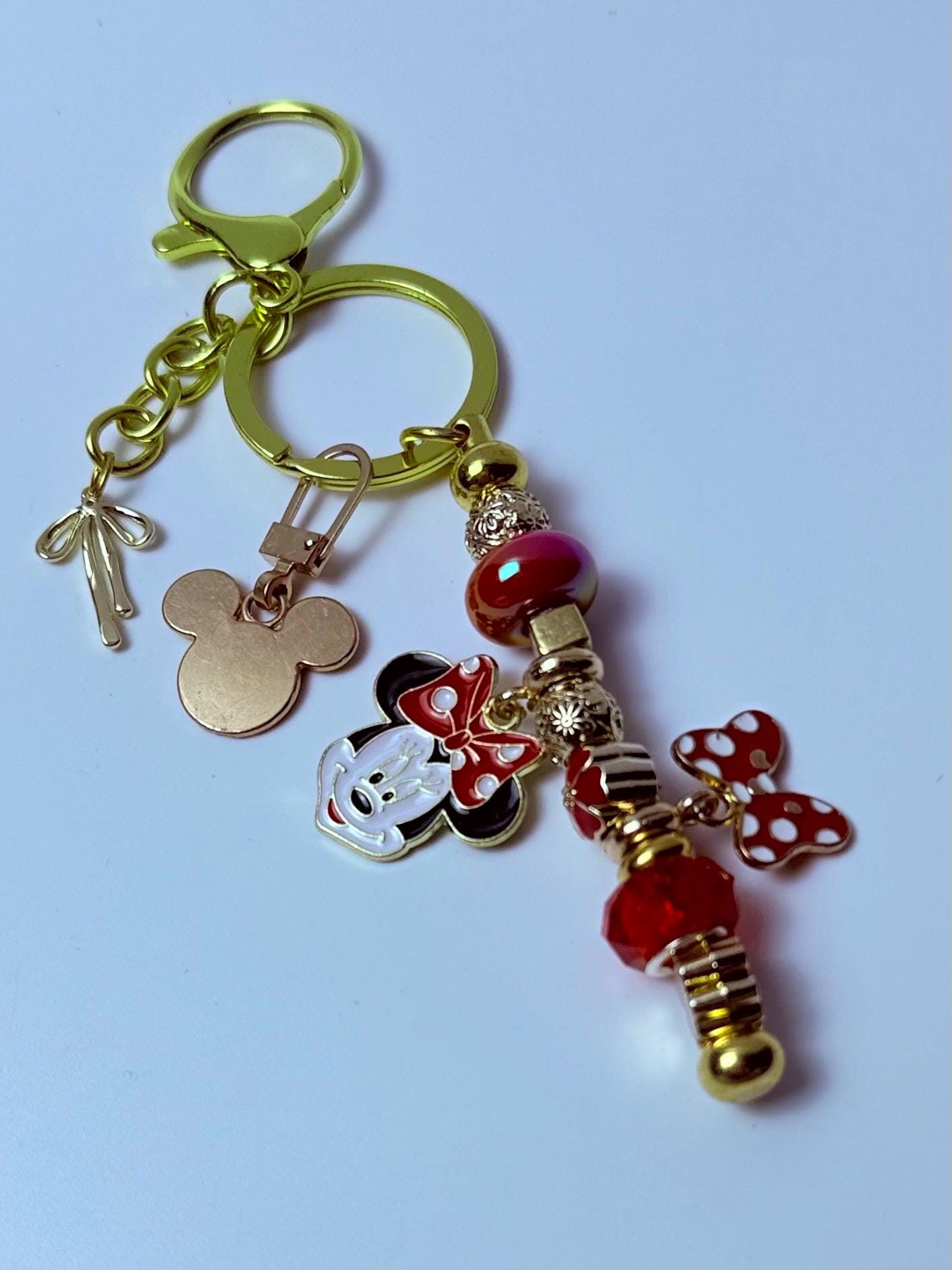 Gold Minnie Mouse Keychain: Red Polka Dot Bow, Crystal Beads