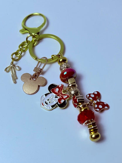 Gold Minnie Mouse Keychain: Red Polka Dot Bow, Crystal Beads
