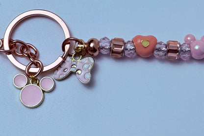 Rose Gold Pink Mickey & Minnie Beaded Keychain  Pastel Disney-Inspired Charm with Crystal Beads, Minnie Bow Heart Beads