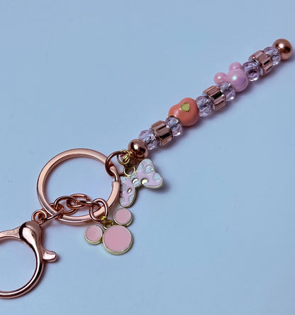 Rose Gold Pink Mickey & Minnie Beaded Keychain  Pastel Disney-Inspired Charm with Crystal Beads, Minnie Bow Heart Beads