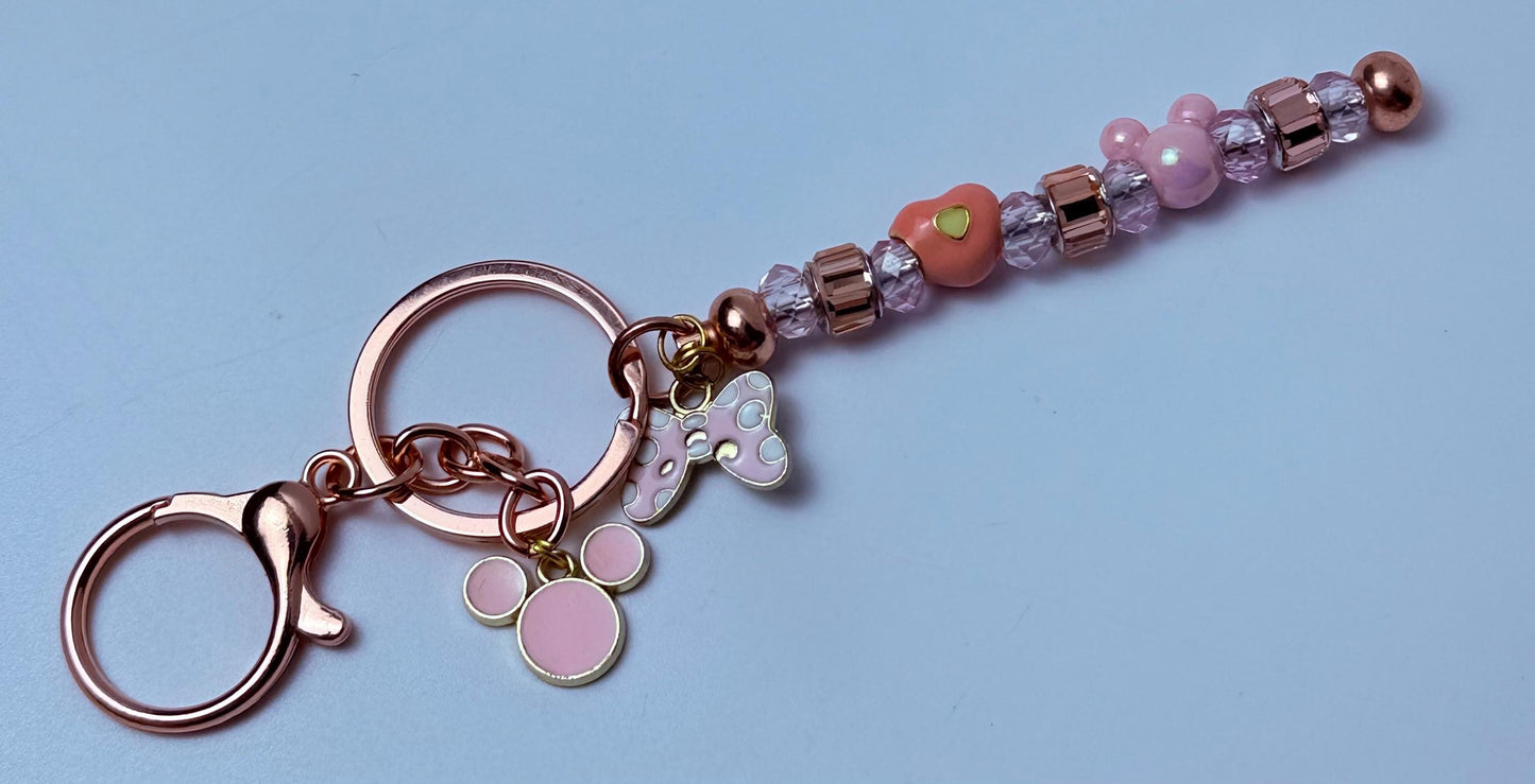 Rose Gold Pink Mickey & Minnie Beaded Keychain  Pastel Disney-Inspired Charm with Crystal Beads, Minnie Bow Heart Beads
