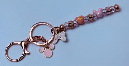 Rose Gold Pink Mickey & Minnie Beaded Keychain  Pastel Disney-Inspired Charm with Crystal Beads, Minnie Bow Heart Beads
