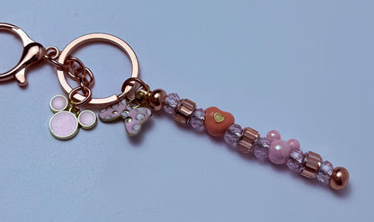 Rose Gold Pink Mickey & Minnie Beaded Keychain  Pastel Disney-Inspired Charm with Crystal Beads, Minnie Bow Heart Beads
