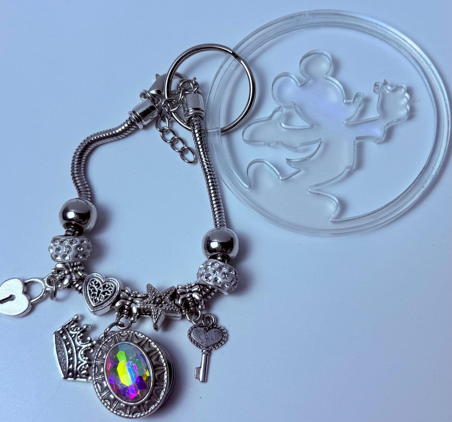 Clear Iridescent Mickey & Minnie Silhouette Keychain  Disney-Inspired Acrylic Round Charm, Minimalist Couple Bag Accessory