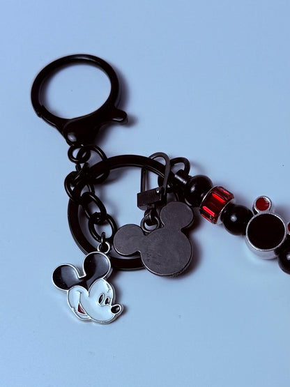 Black Mickey Mouse Charm Keychain  Red & Black Beaded Strand, Multiple Disney Charms, Handmade Disney Bag Accessory
