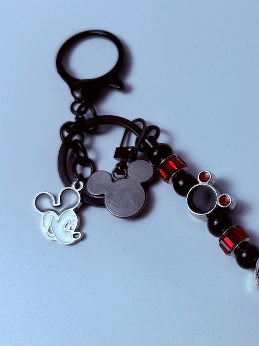Black Mickey Mouse Charm Keychain  Red & Black Beaded Strand, Multiple Disney Charms, Handmade Disney Bag Accessory