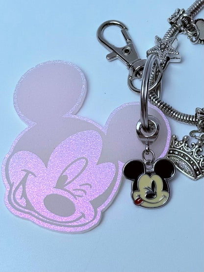 Pink Iridescent Mickey Keychain  Winking Mickey Face Engraved Acrylic Charm with Dangling Enamel Mickey, Disney-Inspired Bag Charm