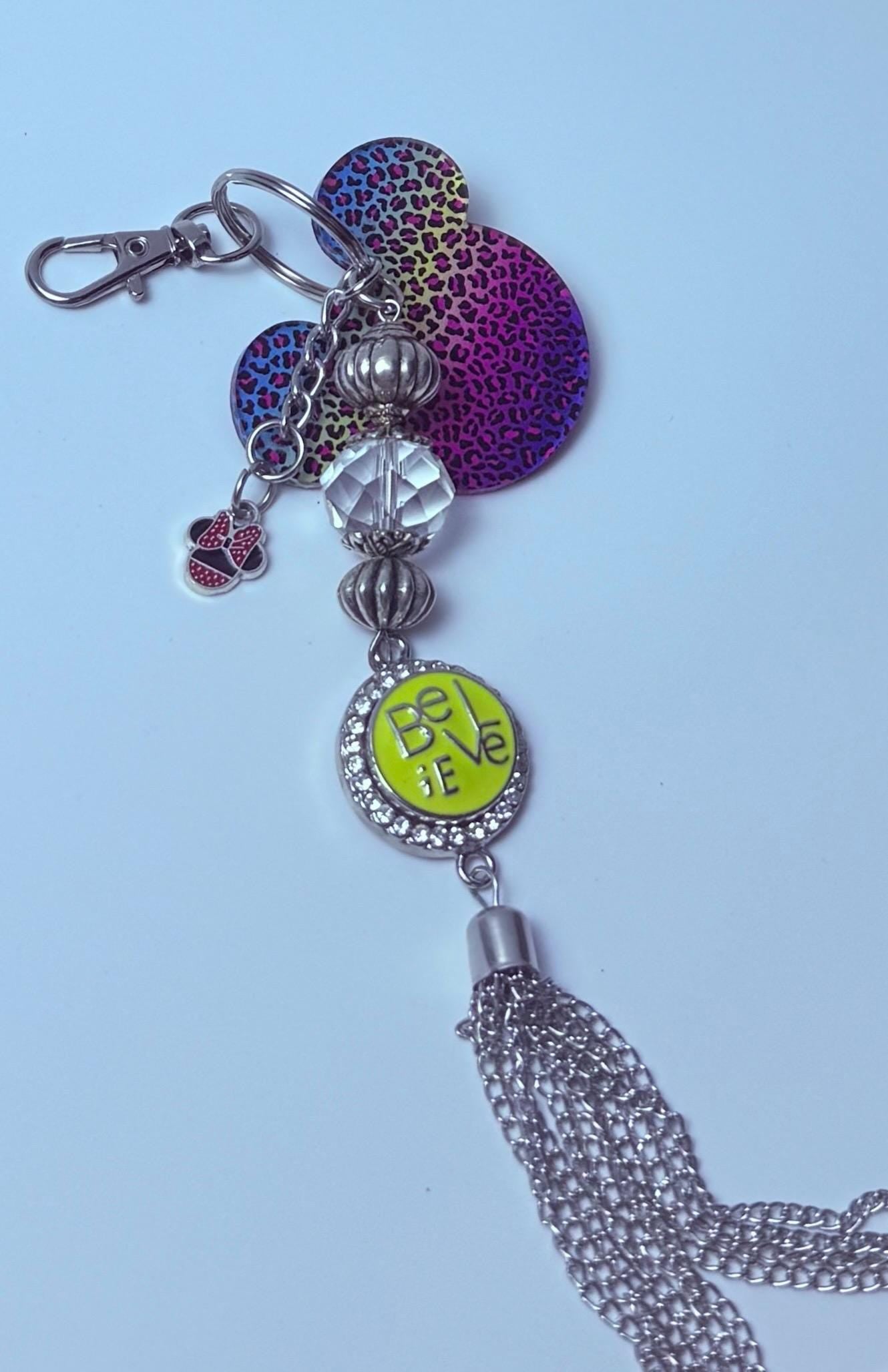 Rainbow Leopard Mickey Keychain: Disney-Inspired Bag Charm with Minnie Bow