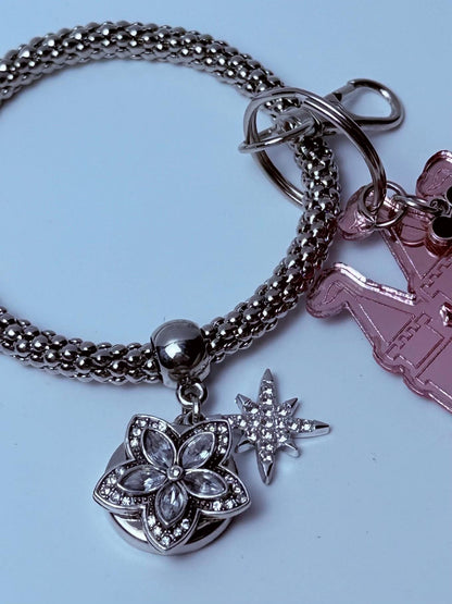 Rose Gold Castle Keychain  Disney-Inspired Engraved Acrylic Charm with Mickey Head Accent, Mirrored Bag Charm
