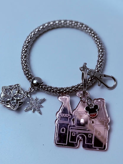 Rose Gold Castle Keychain  Disney-Inspired Engraved Acrylic Charm with Mickey Head Accent, Mirrored Bag Charm