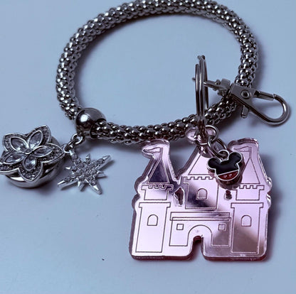 Rose Gold Castle Keychain  Disney-Inspired Engraved Acrylic Charm with Mickey Head Accent, Mirrored Bag Charm