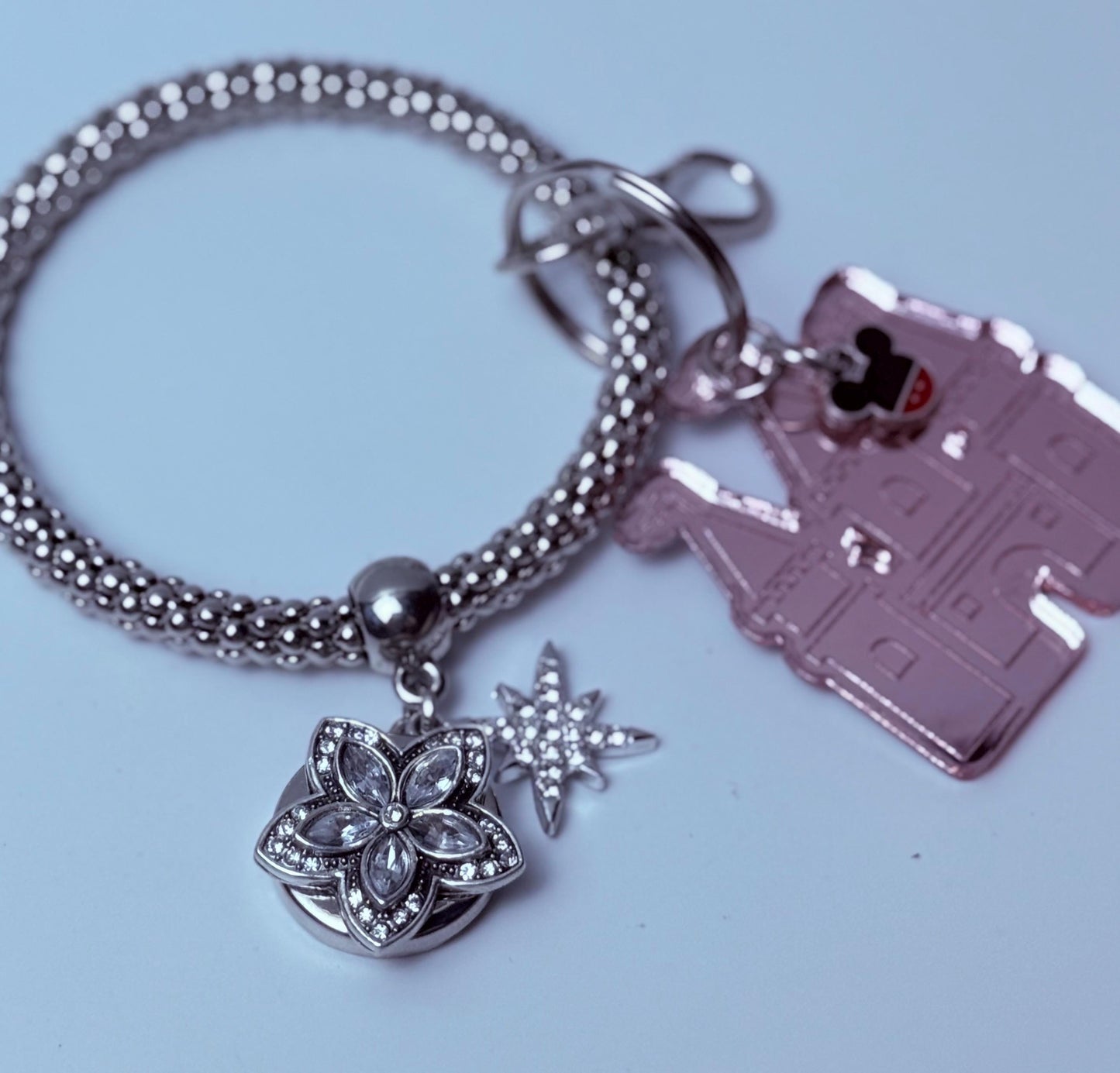 Rose Gold Castle Keychain  Disney-Inspired Engraved Acrylic Charm with Mickey Head Accent, Mirrored Bag Charm